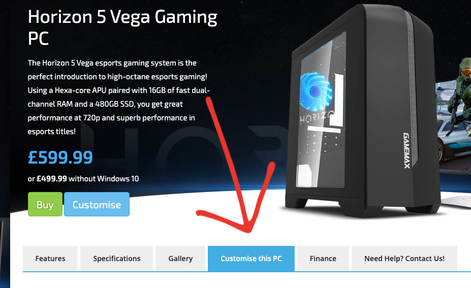 Arrow pointing to the Customise tab on the Horizon 5 Vega Gaming PC listing