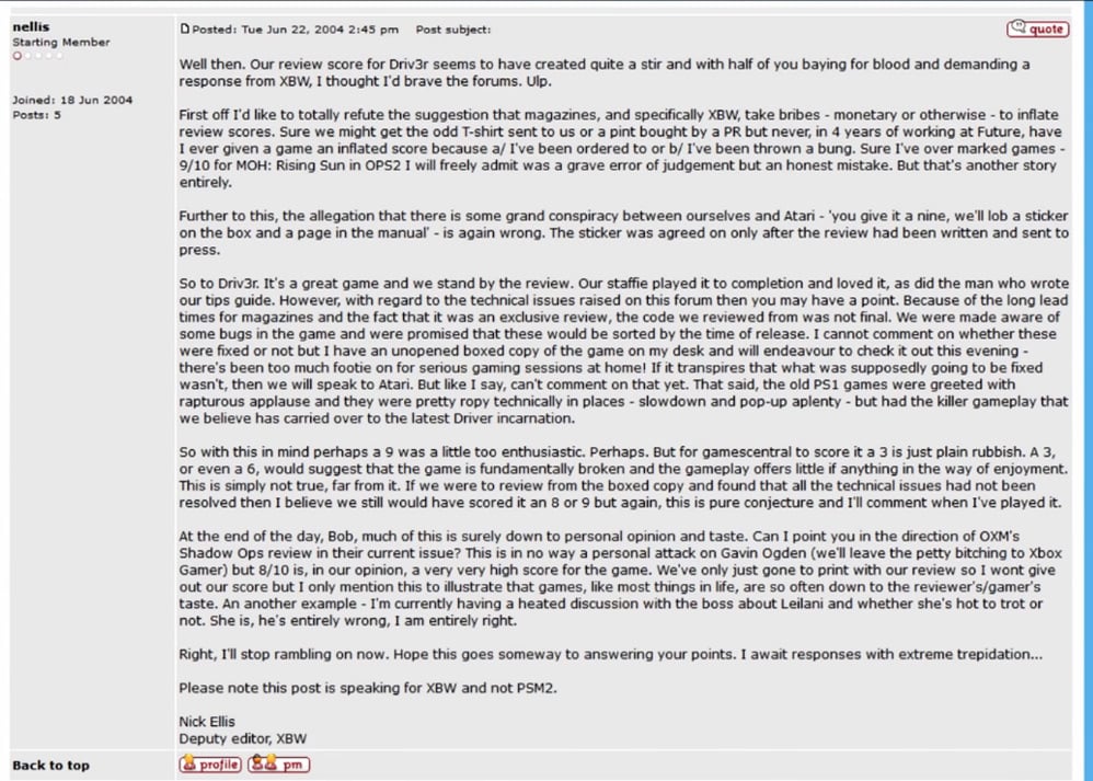 Nick Ellis, Deputy Editor of Xbox World responds to criticism of their 9/10 rating for Driver 3 on GamesRadar.
