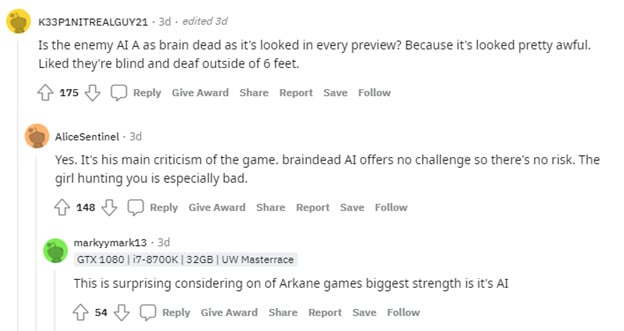 Reddit comments regarding Deathloop AI problems.