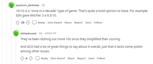 Reddit comment regarding Deathloop rating on IGN.