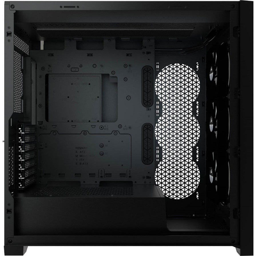 Side view of an empty Corsair iCUE 500X RGB Mid Tower case.