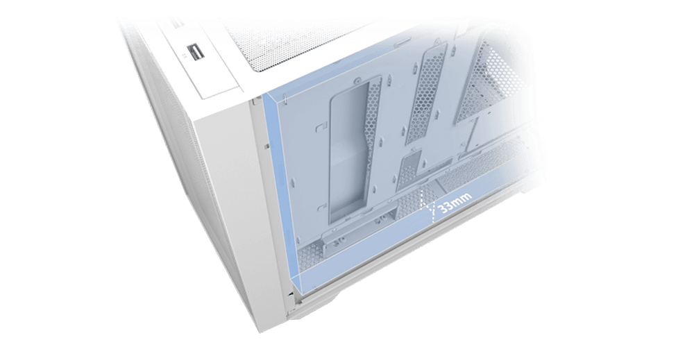 highlight on the 33 mm wide cable management space of ASUS A21 PC Case