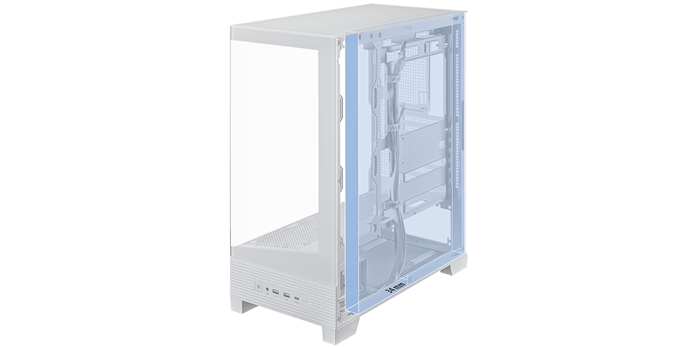 Angled side view of ASUS A31 PLUS PC case with side panel removed