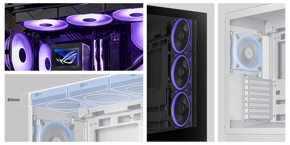 A photo of 80mm thickness AIO coolers with fans, and a graphic of the 80mm thickness AIO coolers with fans. The graphic shows the location of the pre-installed fans.