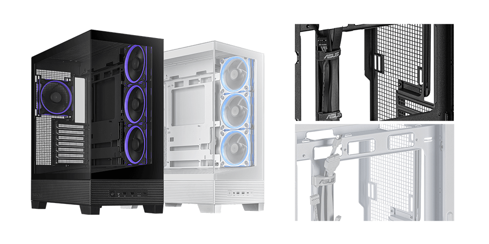 Side-by-side view of one black and one white ASUS A31 PLUS PC build. Close-up side view of ASUS A31 PLUS PC cases showing color-matched cable options