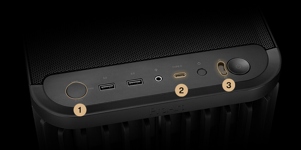 Closeup of the ProArt PA401 wood edition case front panel I/O, including Power and Reset lock latch, fan speed control and USB Type-C port