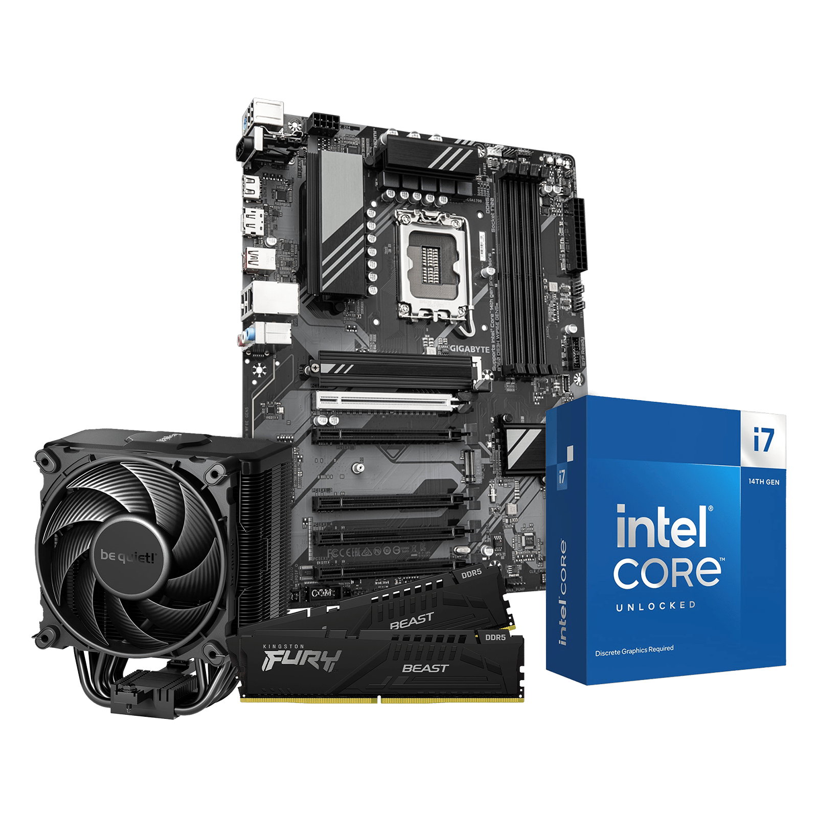 CCL Intel Gaming Motherboard Bundle featuring Intel Core i7-14700KF processor, Gigabyte B760 DS3H WiFi motherboard, Kingston FURY Beast DDR5 memory, and Be Quiet! Dark Rock 5 CPU cooler.