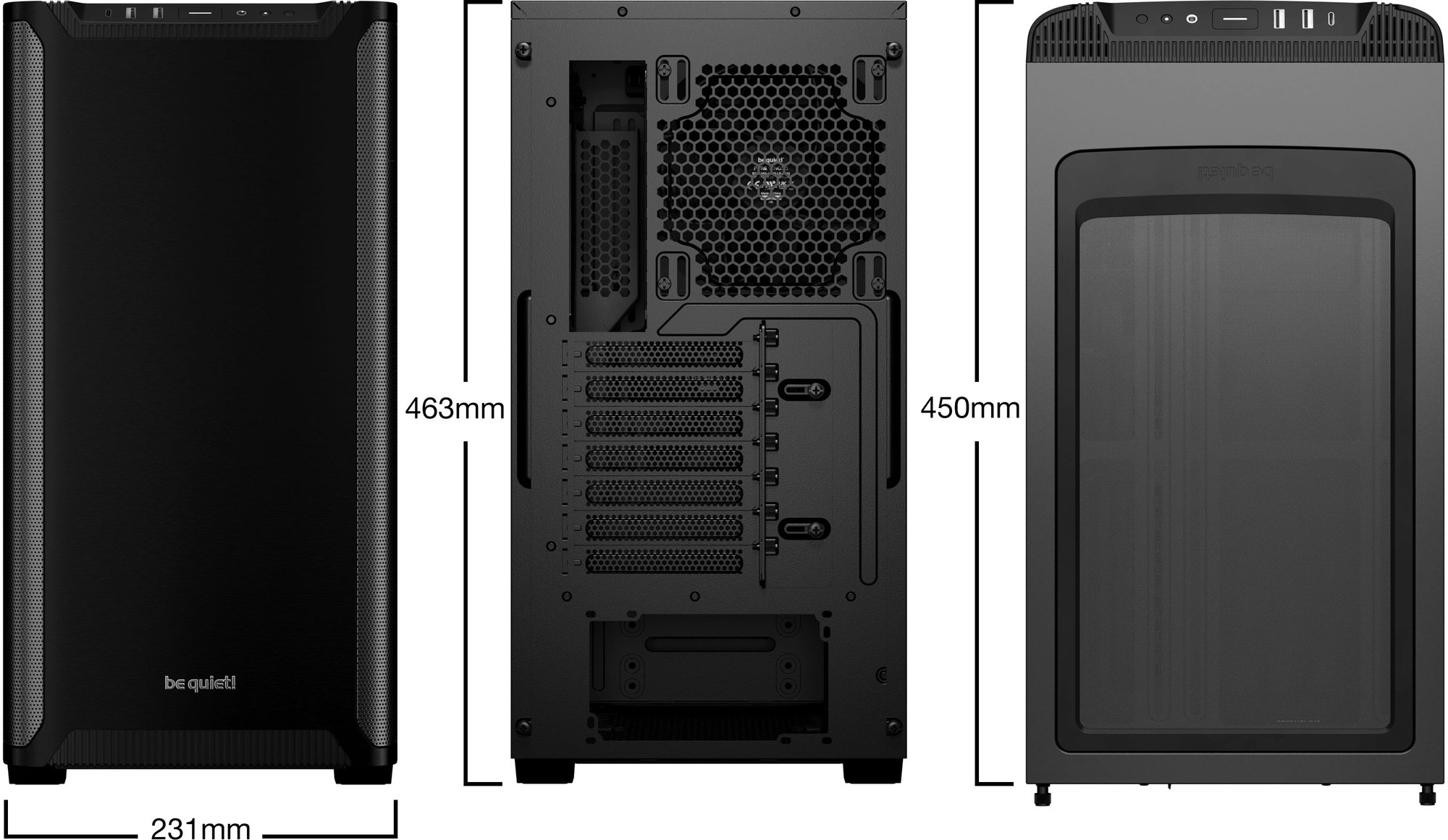 Be quiet! Pure base 501 dimenzije črnega atx ohišja z zadnjo in stransko stranjo
