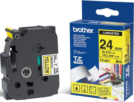 Brother TZe-651 (24mm x 8m) Black On Yellow Laminated Labelling Tape