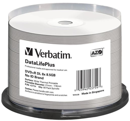 Verbatim 8.5GB DVD+R DataLifePlus Discs, 8x, Thermal Printable, 50 Pack Spindle