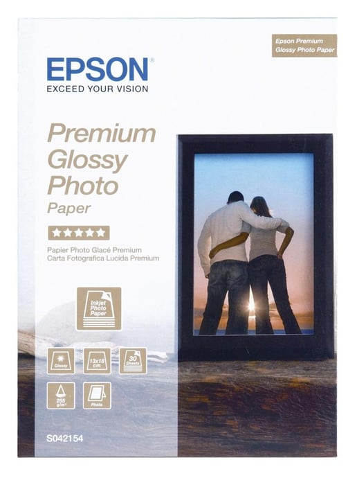 Epson Premium (13cm x 18cm) 255g/m2 Glossy Photo Paper (White) 1 Pack of 30 Sheets