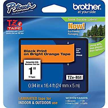 Brother P-touch TZe-B51 (24mm x 8m) Black On Fluorescent Orange Laminated Labelling Tape