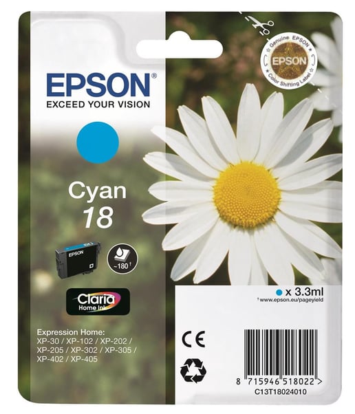Epson Daisy 18 Series T1802 Cyan Ink Cartridge (Yield 180 Pages) RS Blister