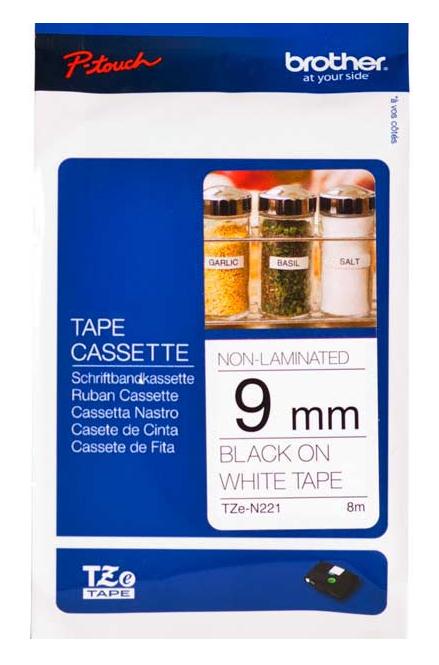 Brother P-touch TZe-N221 (9mm x 8m) Black On White Non-Laminated Labelling Tape