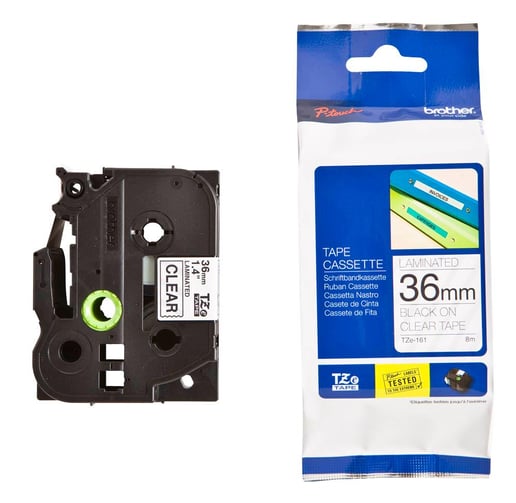 Brother P-touch TZe-161 (36mm x 8m) Black On Clear Gloss Laminated Labelling Tape