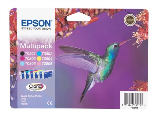 Epson Hummingbird T0807 (Yield: 300 Black/900 Cyan/440 Magenta/460 Yellow/345 Light Cyan/590 Light Magenta Pages) Black/Cyan/Magenta/Yellow/Light Cyan/Light Magenta Ink Cartridge Pack of 6