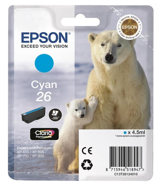 Epson Polar Bear 26 Cyan Claria Premium Ink Cartridge (Non Tagged)