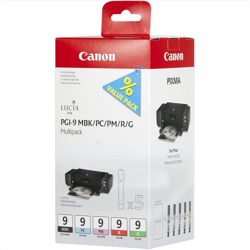 Canon PGI-9 (Yield: 845 Black/393 Cyan/215 Magenta/765 Red/635 Green Pages) Matte Black/Photo Cyan/Photo Magenta/Red/Green Ink Cartridge Pack of 5