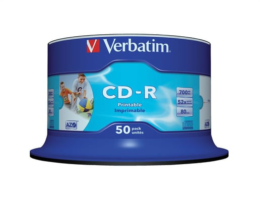 Verbatim (700MB) CD-R 80 Minute 52x Speed Data Life Plus Printable Pack of 50