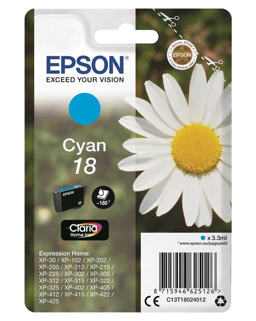 Epson Daisy 18 Series T1802 Cyan Ink Cartridge (Yield 180 Pages) RS Blister