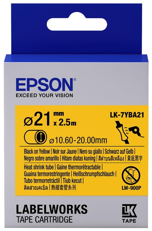 Epson LK-7YBA21 (21mm x 2.5m) Heat Shrink Tube Label Cartridge (Black on Yellow) for LabelWorks LW-Z9000FK and LW-1000P Label Makers