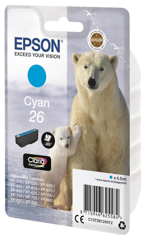 Epson Polar Bear 26 Cyan Claria Premium Ink Cartridge (Non Tagged)