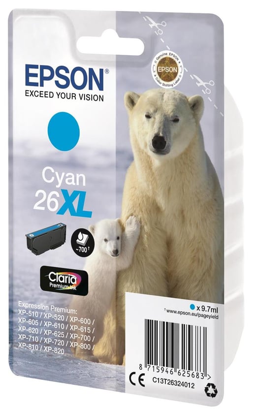 Epson Polar Bear 26XL (Yield 700 Pages) Claria Premium Ink Cartridge (Cyan)
