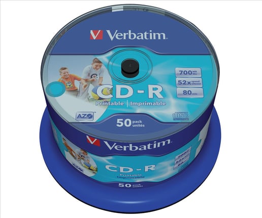 Verbatim (700MB) CD-R 80 Minute 52x Speed Data Life Plus Printable Pack of 50