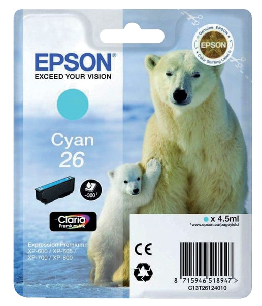 Epson Polar Bear 26 Cyan Claria Premium Ink Cartridge (Non Tagged)