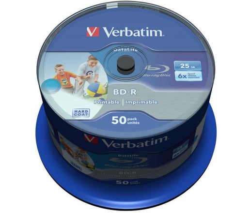 Verbatim 25GB BD-R SL Datalife Discs, 6x, Wide Inkjet Printable, 50 Pack Spindle
