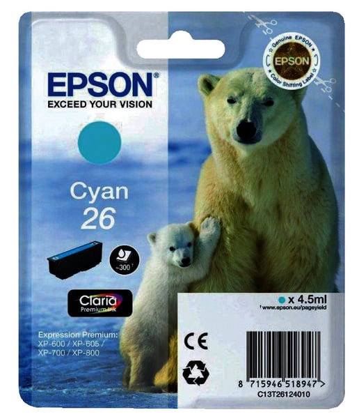 Epson Polar Bear 26 Cyan Claria Premium Ink Cartridge (Non Tagged)