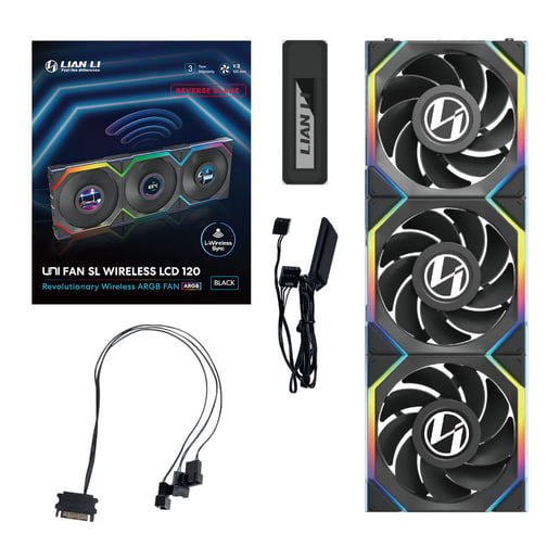Lian Li UNI FAN SL Wireless Reverse Blade 120mm ARGB LCD Triple Pack Fans in Black