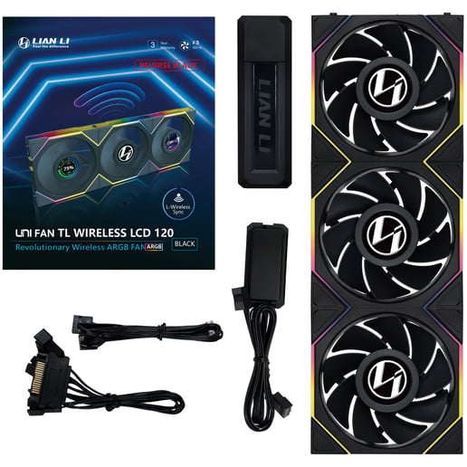 Lian Li UNI FAN TL LCD Wireless Reverse 120mm Triple Pack Fans in Black with controller