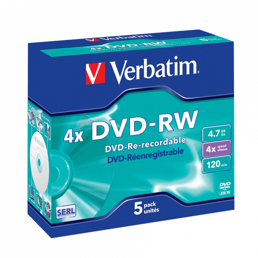 Verbatim 4.7GB DVD-RW Discs, 4x, 5 Pack Jewel Case