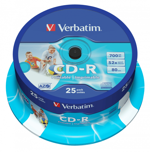 Verbatim 700MB CD-R Discs, 52x, Wide Inkjet Printable, 25 Pack Spindle