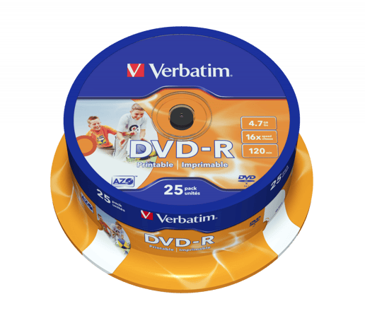 Verbatim 4.7GB DVD-R Discs, 16x, Wide Inkjet Printable, 25 Pack Spindle