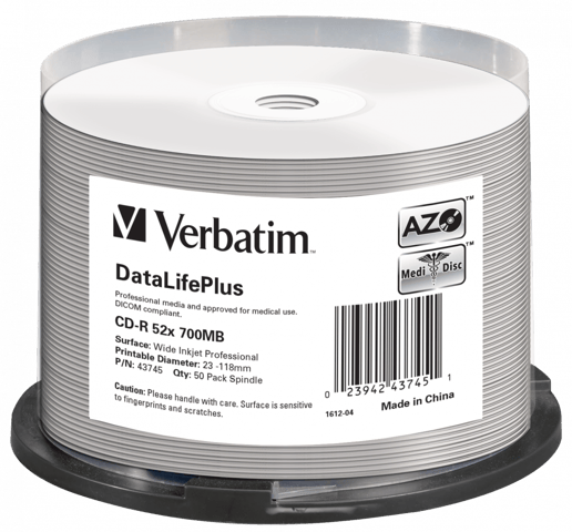 Verbatim 700MB CD-R DataLifePlus Discs, 52x , Wide Inkjet Printable, 50 Pack Spindle