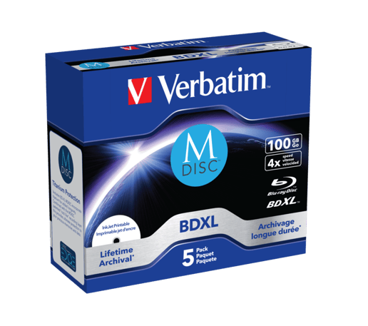 Verbatim MDISC 100GB BDXL Lifetime Archival Discs, 4x, Inkjet Printable, 5 Pack, Jewel Case
