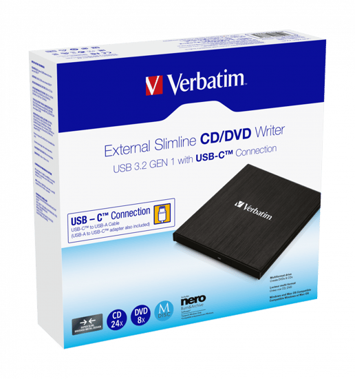 Verbatim External Slimline DVD Writer, USB 3.0 Type-C