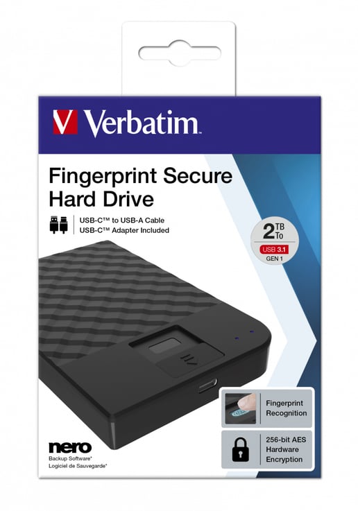 Verbatim Fingerprint Secure Portable 2TB USB 3.1 External Hard Drive