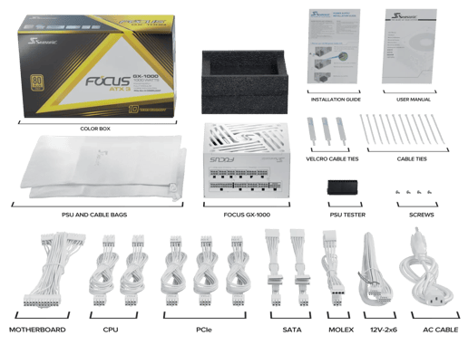 1000W Seasonic FOCUS GX White ATX 3.1 Modular 80 Plus Gold PSU