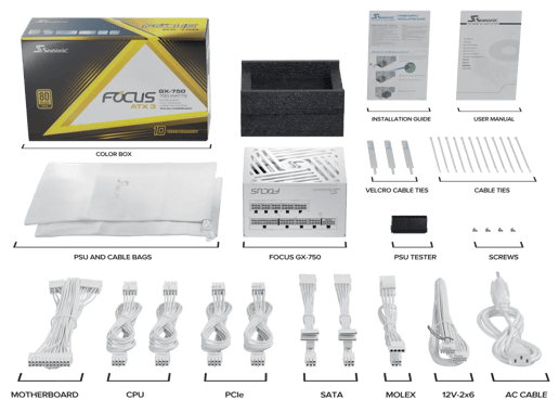 750W Seasonic FOCUS GX White ATX 3.1 Modular 80 Plus Gold PSU