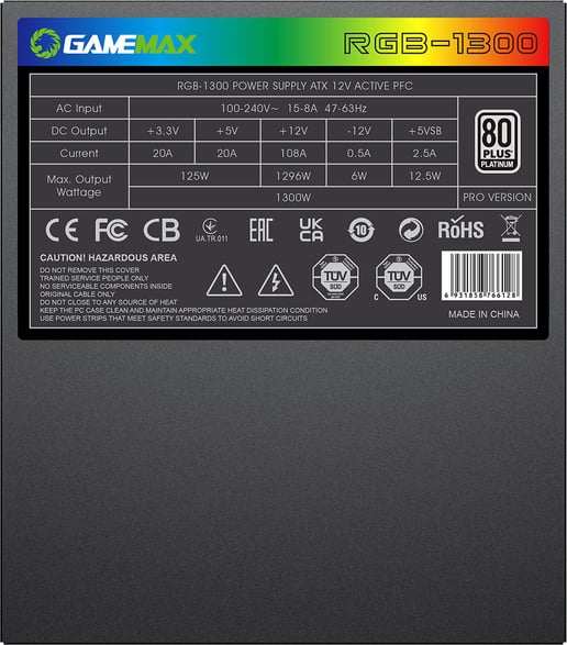 1300W GameMax RGB Modular 80 Plus Platinum PSU