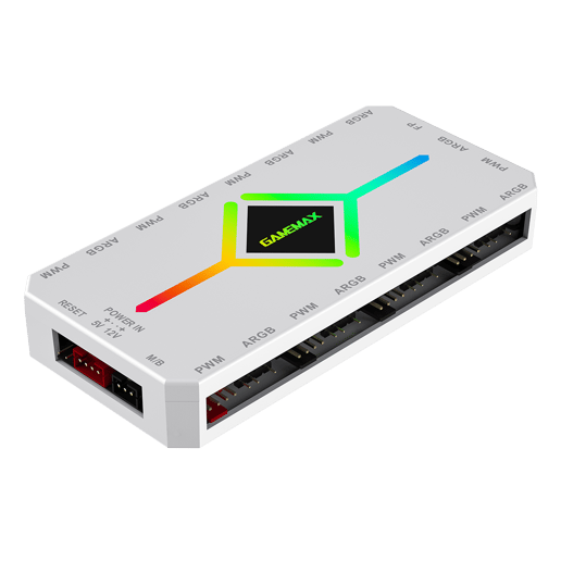 GameMax V4 ARGB PWM 9-Port White Fan Hub with SATA Power and RF Remote