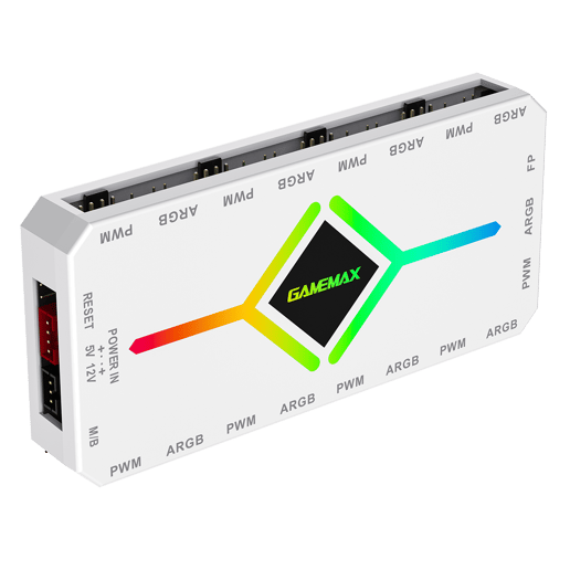GameMax V4 ARGB PWM 9-Port White Fan Hub with SATA Power and RF Remote