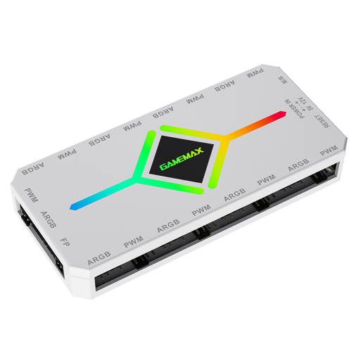 GameMax V4 ARGB PWM 9-Port White Fan Hub with SATA Power and RF Remote