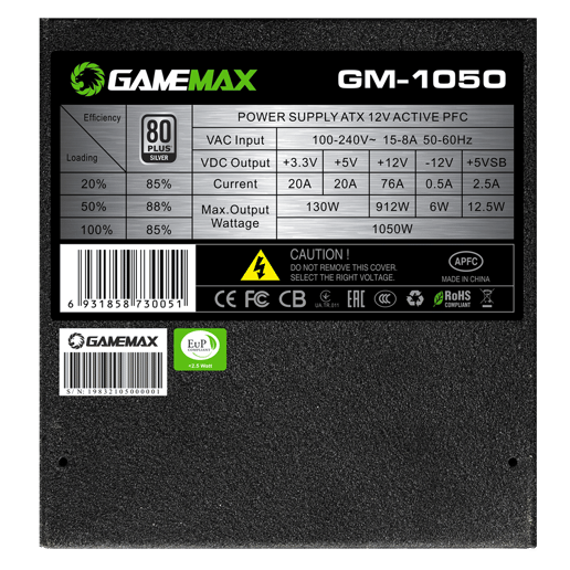GameMax GM1050 1050W Semi-Modular Power Supply 80 Plus Silver