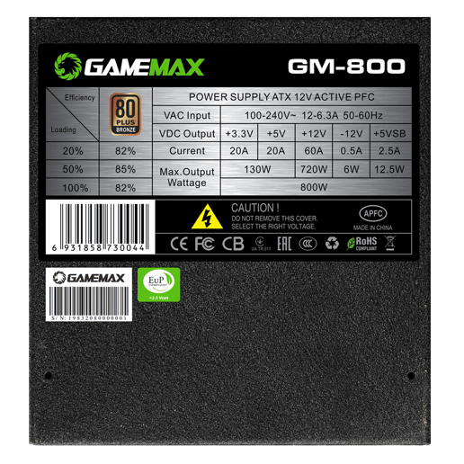 800W GameMax GM800 Semi-Modular 80 Plus Bronze PSU