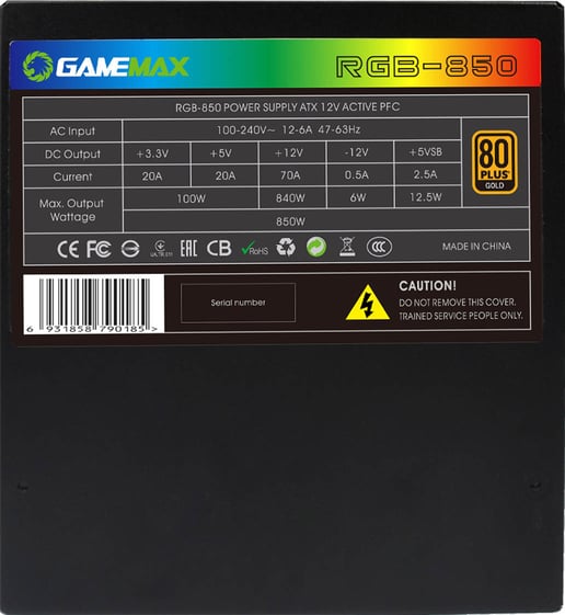 GameMax RGB 850W Modular Power Supply 80 Plus Gold