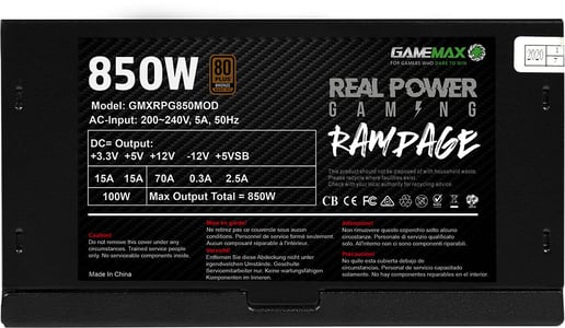 GameMax RPG Rampage 850W Semi-Modular Power Supply 80 Plus Bronze